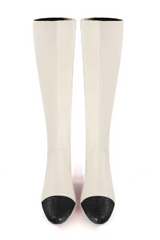 Satin black and off white women's feminine knee-high boots. Round toe. Low flare heels. Made to measure. Top view - Florence KOOIJMAN